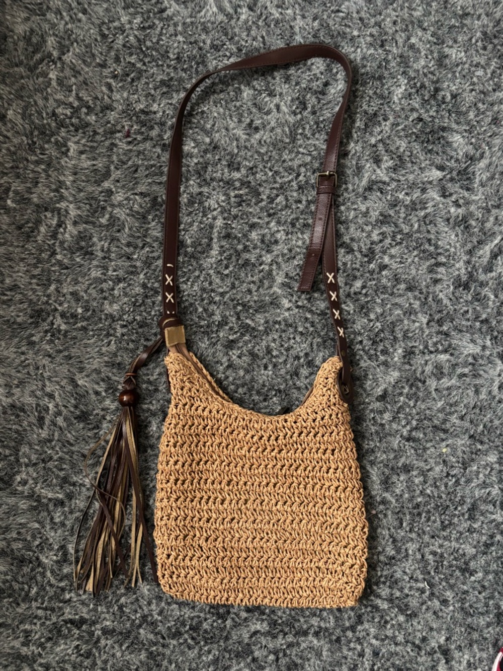 Sun & Sand Woven Straw Crossbody Bag with Tassel - Brown